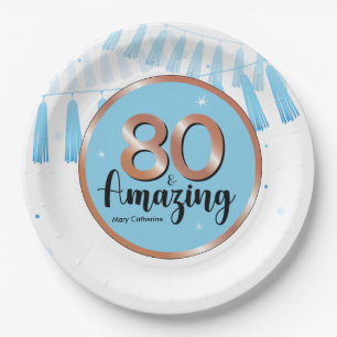 Blue 80th Birthday Party Paper Plate