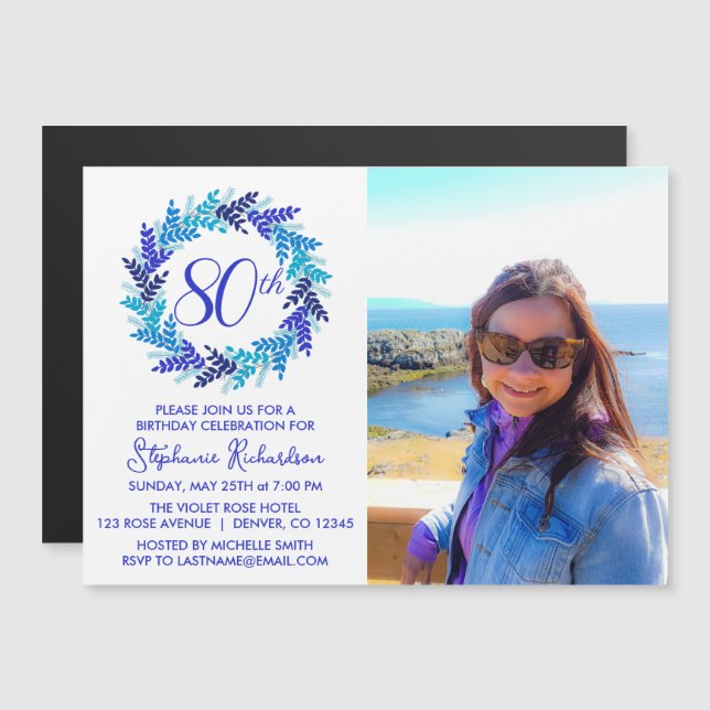 Blue 80th Birthday Party Photo Invitation Magnet (Front/Back)