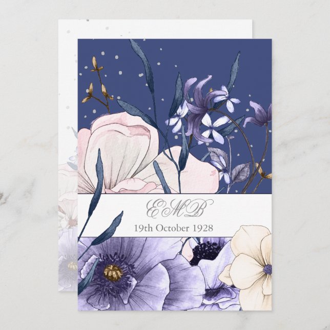 Blue 90Th Birthday Floral Silver Elegant Chic Invitation (Front/Back)