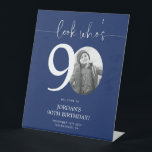 Blue 90th Birthday Welcome Sign | Look Who's 90<br><div class="desc">Welcome guests to your 90th birthday celebration with this stunning editable welcome sign. Featuring a sleek, customizable layout, this template allows you to easily add your own photo and personalize the text, making it a perfect addition to your milestone 90th birthday decor. Ideal for entryways or as a party focal...</div>