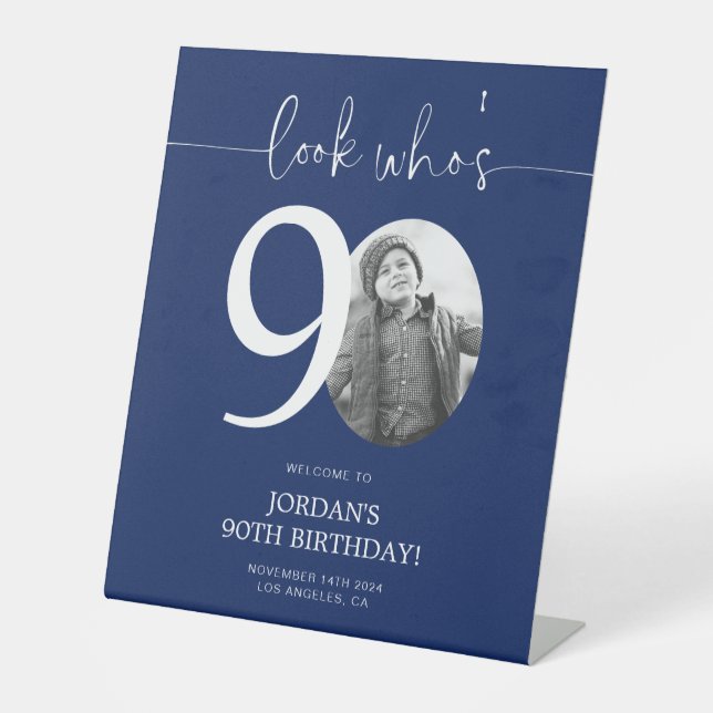 Blue 90th Birthday Welcome Sign | Look Who's 90 (Front)