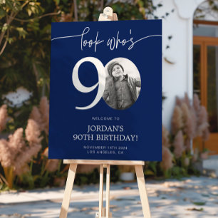 Blue 90th Birthday Welcome Sign Look Who's 90
