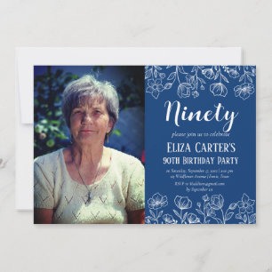 Blue 90th Ninety Floral Elegant Birthday Invitation
