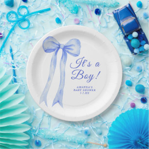 Blue a Bow It's a Boy Baby shower Paper Plate