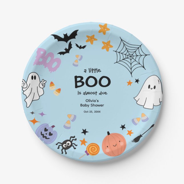 Blue A Little Boo Cute Ghost Halloween Baby Shower Paper Plate (Front)