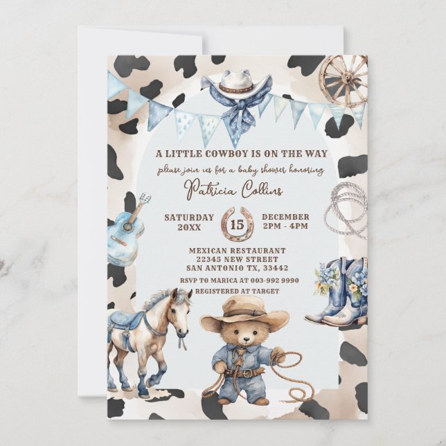 Blue A Little Cowboy Country Western Baby Shower Invitation (Front)