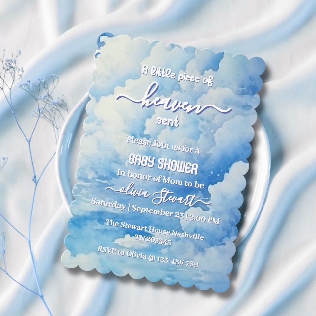 Blue A Little Piece of Heaven Sent Baby Shower Inv Invitation (Creator Uploaded)