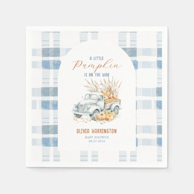 Blue A Little Pumpkin Truck Boy Baby Shower Napkin (Front)