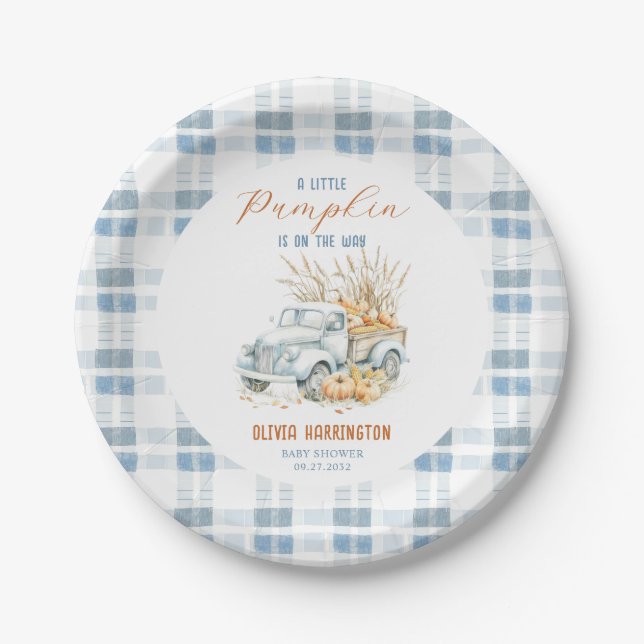 Blue A Little Pumpkin Truck Boy Baby Shower Paper Plate (Front)