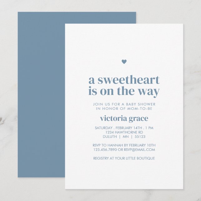 Blue A Little Sweetheart Baby Shower Invitation (Front/Back)