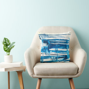Blue abstract art watercolor icicles  cushion