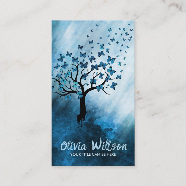 Blue Abstract Butterfly Tree Business Card (Front)
