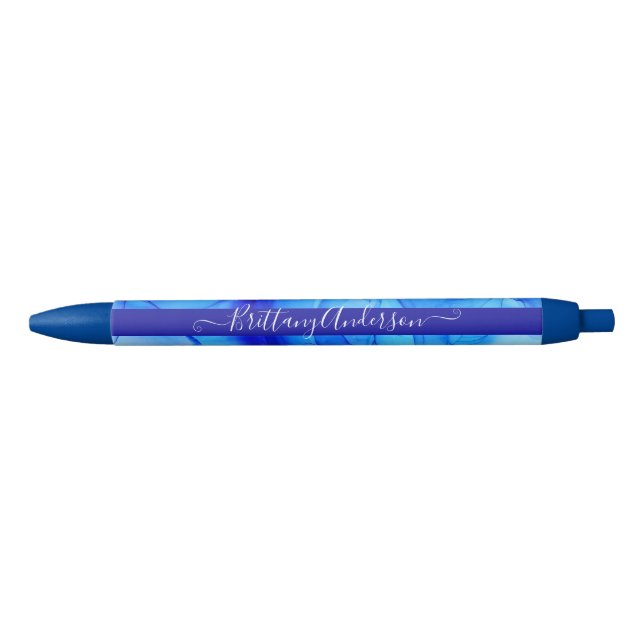 Blue Abstract Custom Name Black Ink Pen (Front)