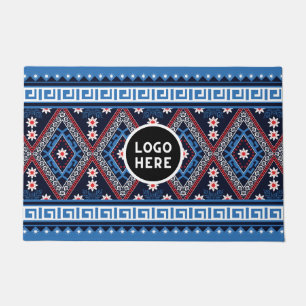 Blue Abstract Ethnic Geometric Patterns with Logo Doormat