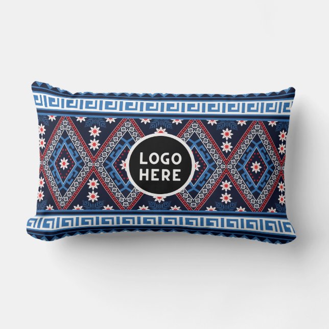 Blue Abstract Ethnic Geometric Patterns with Logo Lumbar Cushion (Front)