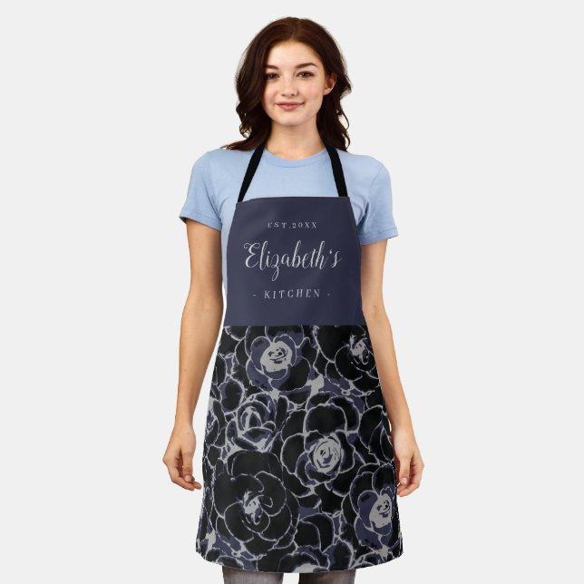 Blue abstract floral pattern personalised cooking apron (Worn)