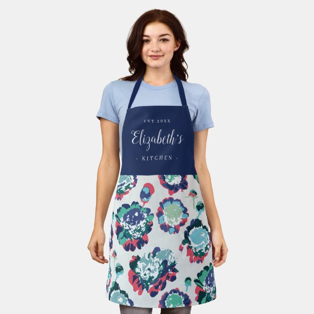 Blue abstract floral pattern personalised cooking apron (Worn)
