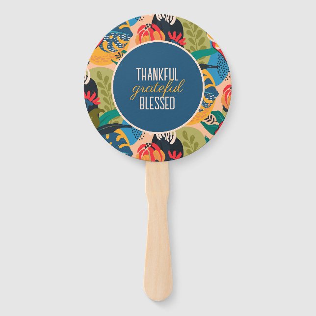 Blue Abstract Floral Thankful Grateful Blessed Hand Fan (Front)