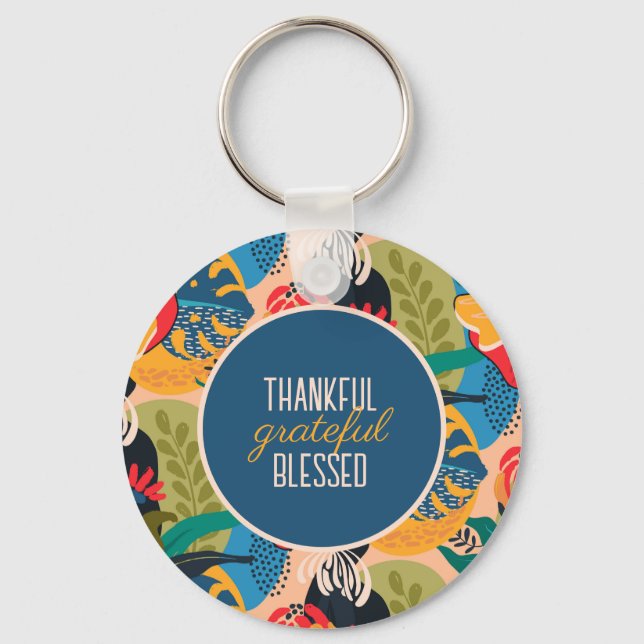 Blue Abstract Floral Thankful Grateful Blessed Key Ring (Back)