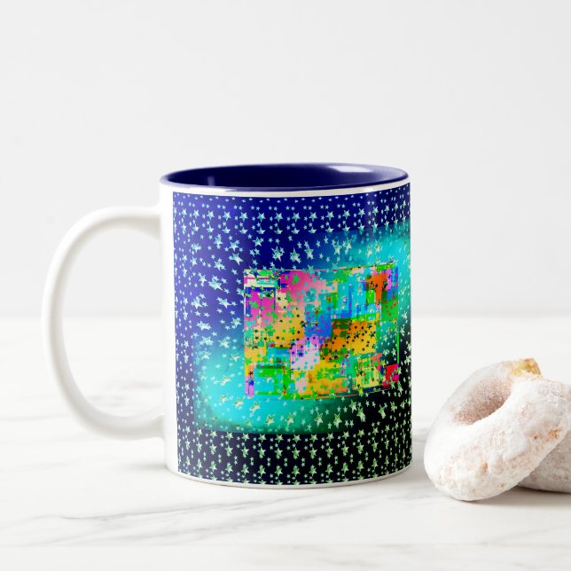 Blue Abstract Geometric Stars Bright Green Two-Tone Coffee Mug (With Donut)