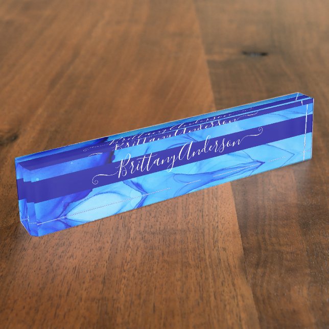 Blue Abstract Ink Blot Beautiful Custom Nameplate (Side)