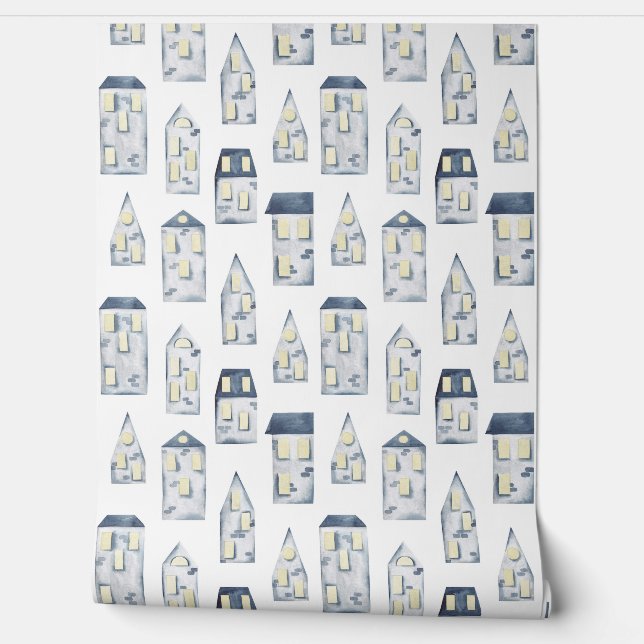 Blue abstract line house pattern  wallpaper (Unrolling)