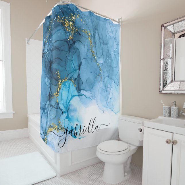 Blue Abstract Marble Shower Curtain (In Situ)