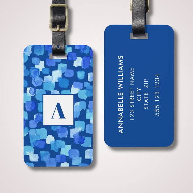 Blue Abstract monogram Luggage Tag (Modern blue abstract luggage tag with monogram and contact details to the reverse side.)