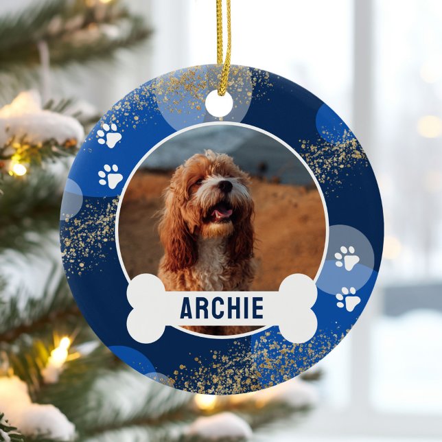 Blue Abstract Paw Print Pet Photo Ceramic Tree Decoration (Creator Uploaded)