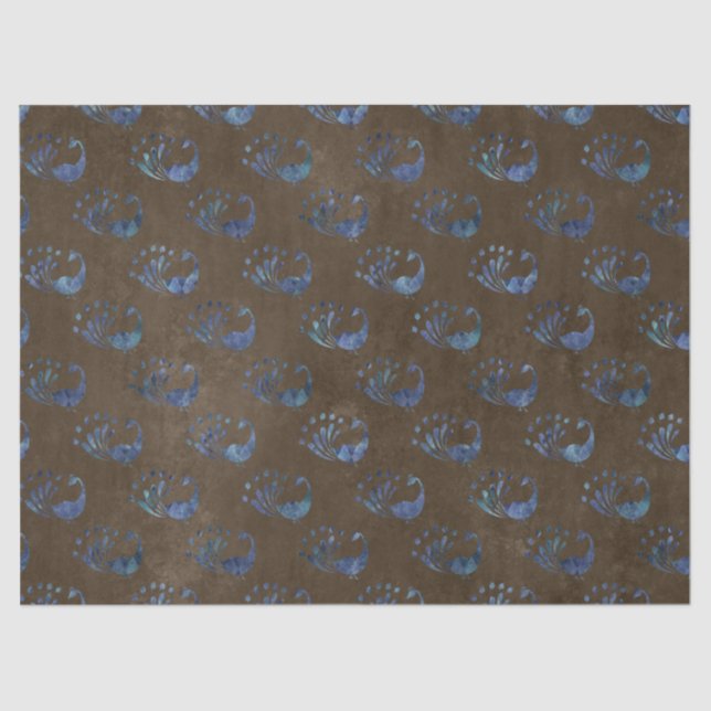 Blue Abstract Peacocks on Brown Decoupage Tissue Paper (Front)