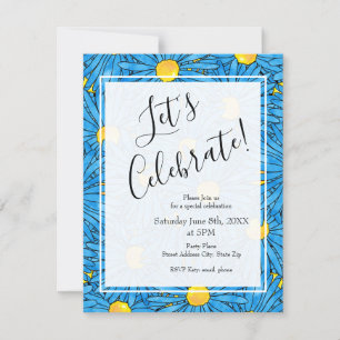 Blue Abstract Pen and Watercolor Aster Pattern Invitation