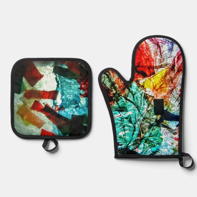 Blue abstract pot holder and oven mitt,Happy blue  Oven Mitt & Pot Holder Set (Front)