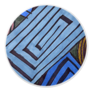 Blue abstract rectangular Egyptian Coil art Ceramic Knob