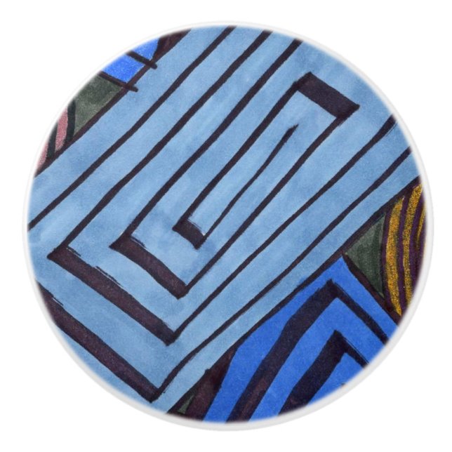 Blue abstract rectangular Egyptian Coil art Ceramic Knob (Front)