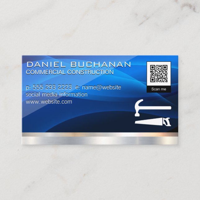 Blue Abstract | Saw Hammer | QR Barcode Business Card (Front)