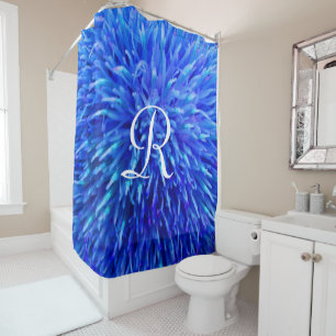 Blue Abstract Shower Curtain with White Monogram