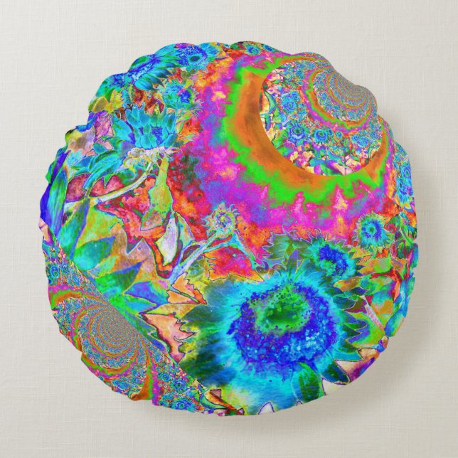 Blue abstract sunflower floral watercolor painting round cushion (Front)