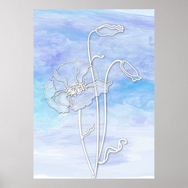 Blue Abstract Watercolor and Poppies Poster (Front)