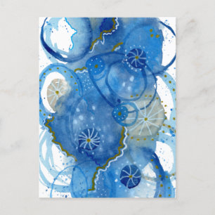 Blue Abstract Watercolor Doodle  Postcard