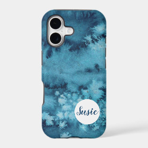 Blue abstract watercolor phone case with name