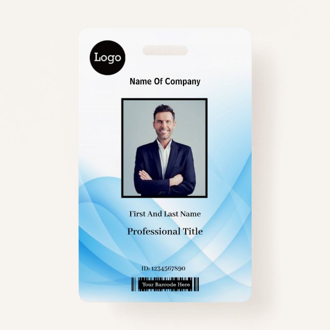 Blue Abstract Wave Business Photo ID ID Badge (Front)