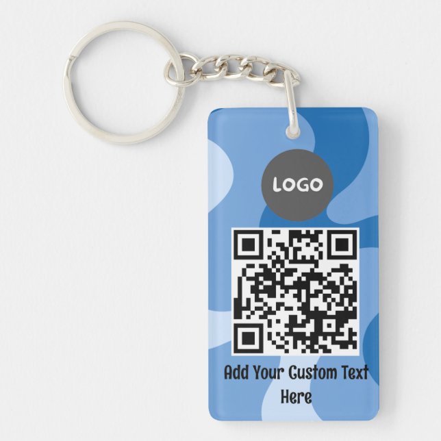 Blue Abstract Wave Custom Logo & QR Business Key Ring (Front)