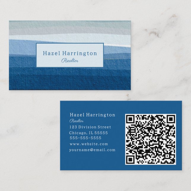 Blue Abstract Waves QR Code Business Card Minimal (Front/Back)