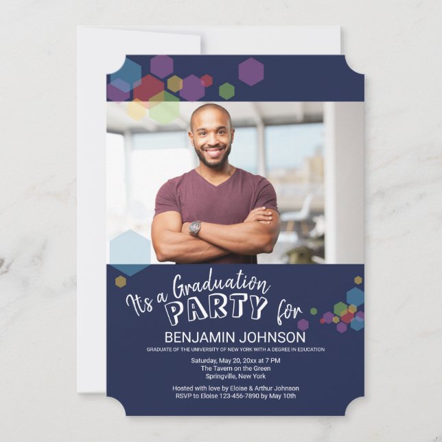 Blue Abstract with Hexagons Photo Invitation (Front)