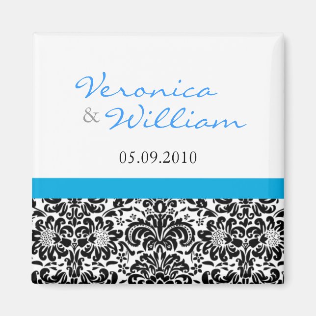 Blue Accent Damask Save the Date Magnet (Front)