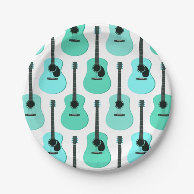 Blue Acoustic Guitars Pattern Paper Plate (Front)
