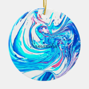 Blue Acrylic Painting Abstract Splatter Swirl  Ceramic Tree Decoration