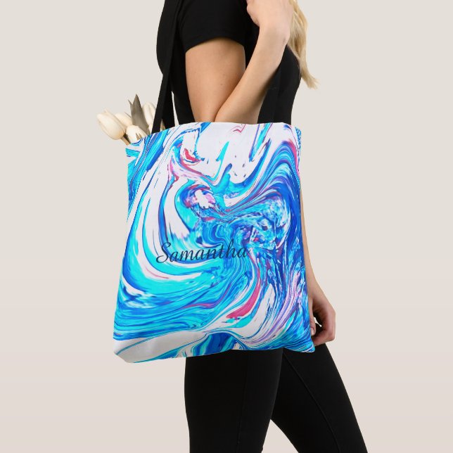 Blue Acrylic Painting Abstract Splatter Swirl  Tote Bag (Close Up)