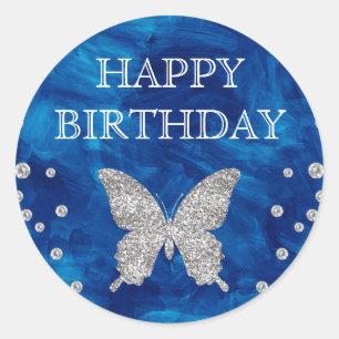 Blue Acrylic & Silver Glitter Butterfly Birthday Classic Round Sticker
