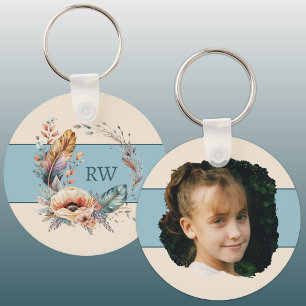 Blue add initial floral photo key ring